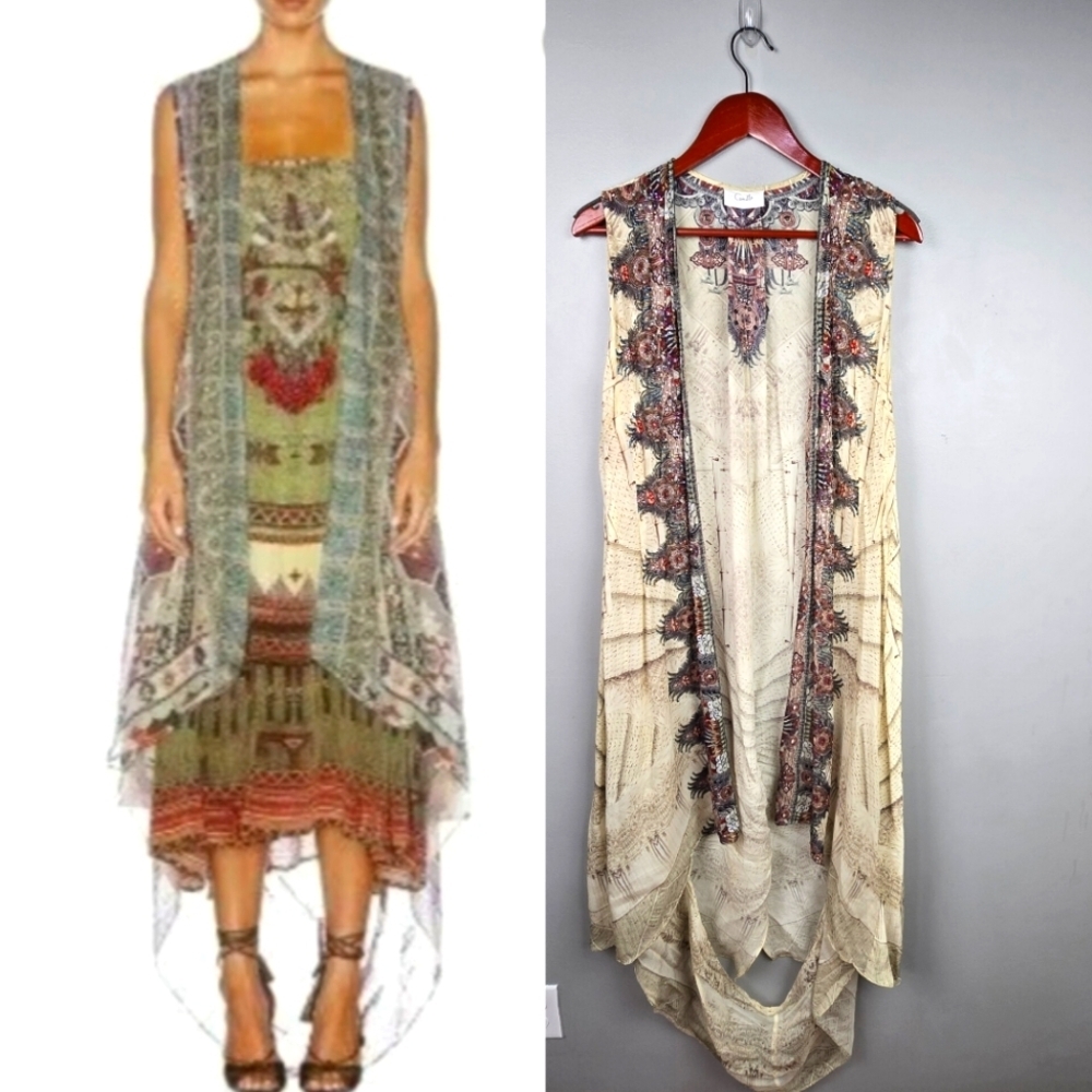 CAMILLA FRANKS Designer Multiwear Long Vest Embellished‎ Silk Cream Women One Sz